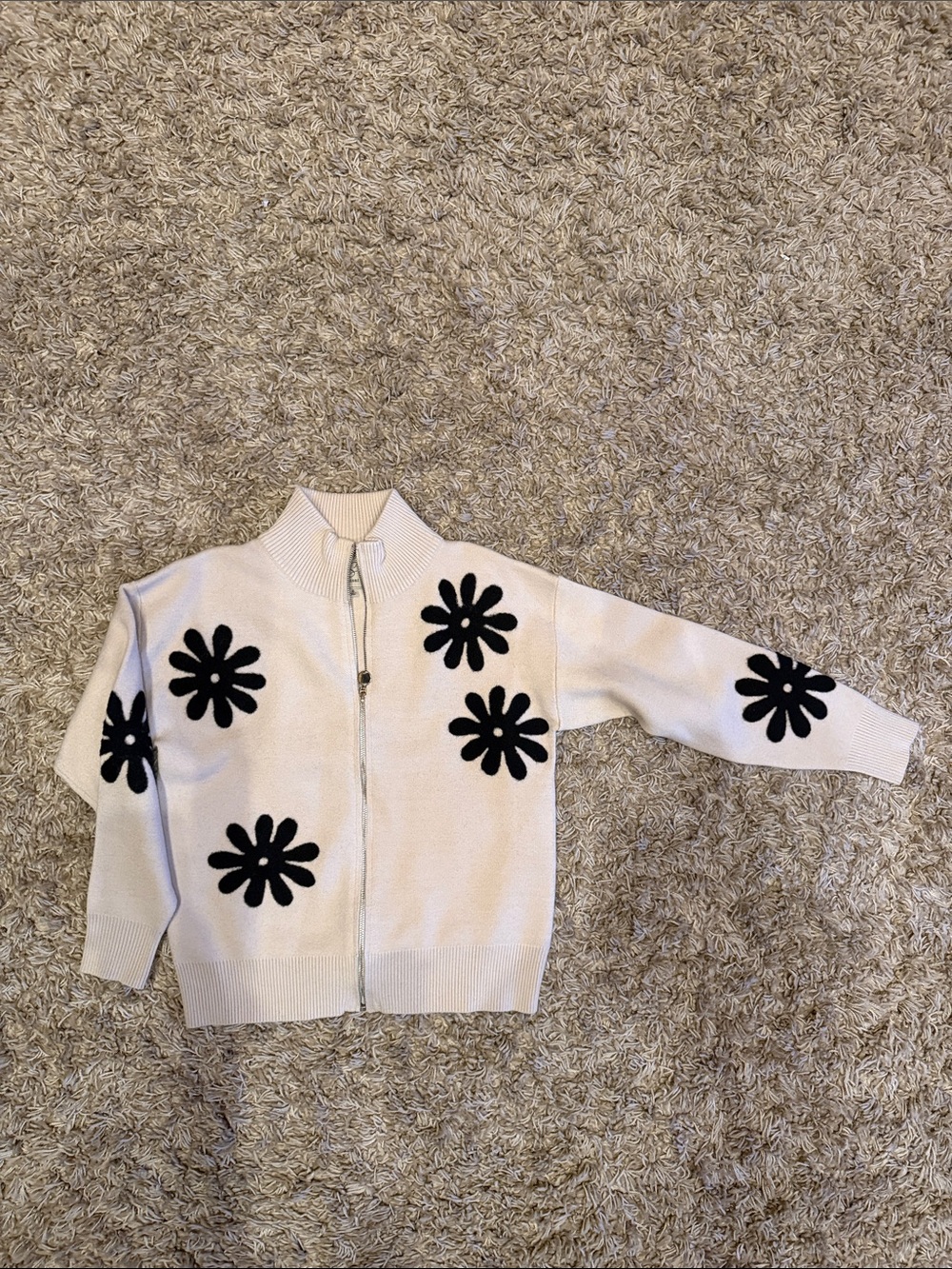 Sioni Cream Zip Front Sweater with Black Floral Appliqués